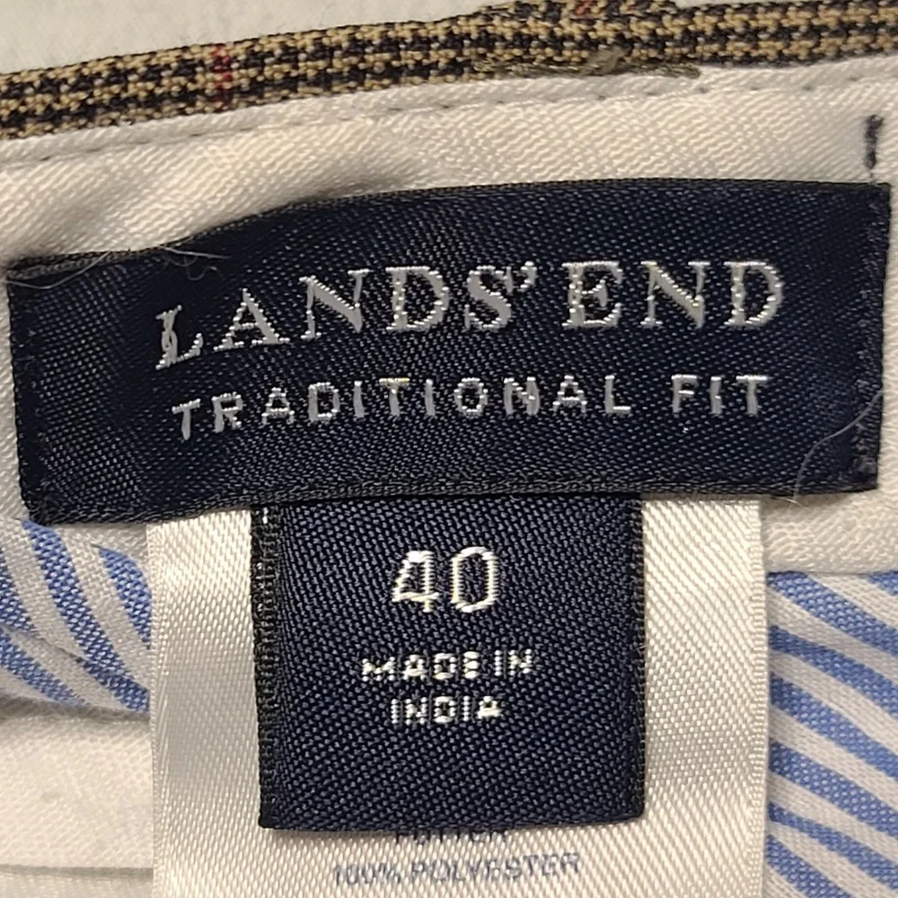 Lands End Dress Pants Mens 40 Brown Houndstooth Wool Pleated Traditional Fit‎